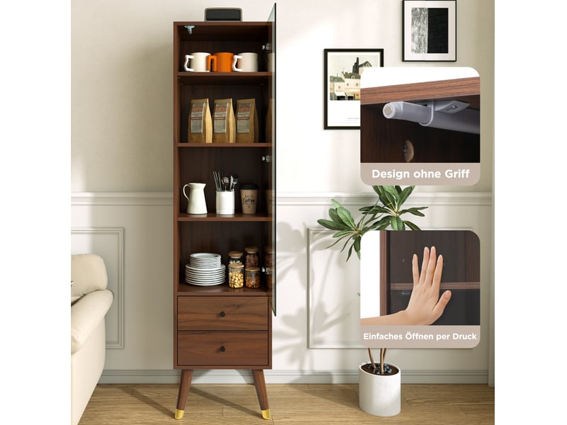  Vitrine, porte en verre, 2 tiroirs, étagères ajustables, intérieur, présentation déco, pour intérieur, en mdf, marron  - Conforama E