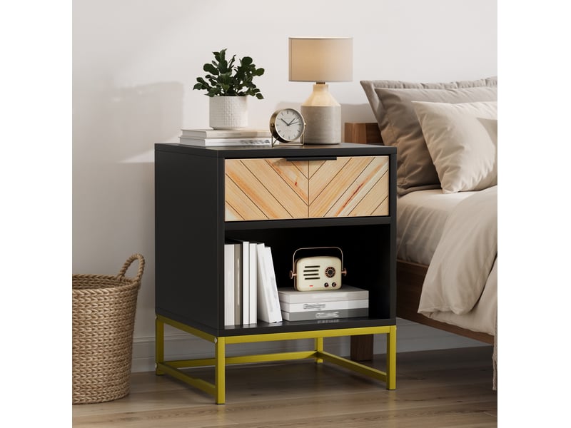  Table de chevet moderne  43 x 40 x 55 cm avec tiroir et niche ouverte, mdf noir et naturel  - Conforama D