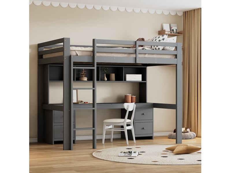  Lit mezzanine 90x200 cm avec bureau, rangements et tiroirs gris  - Conforama B