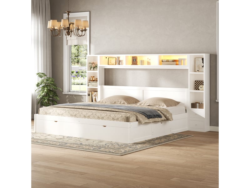Lit plateforme 180 x 200 cm avec tête et pied de lit, 7 tiroirs, multiples rangements et éclairage led, blanc evarich - Conforama E