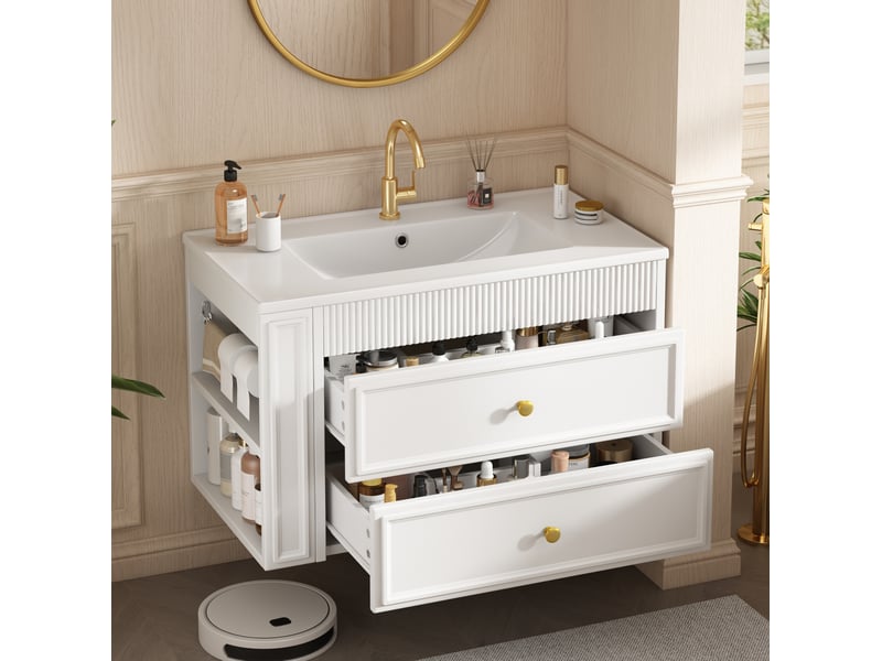  Meuble sous vasque mural 81x47x52 cm 2 tiroirs mdf blanc brillant sans robinet  - Conforama C