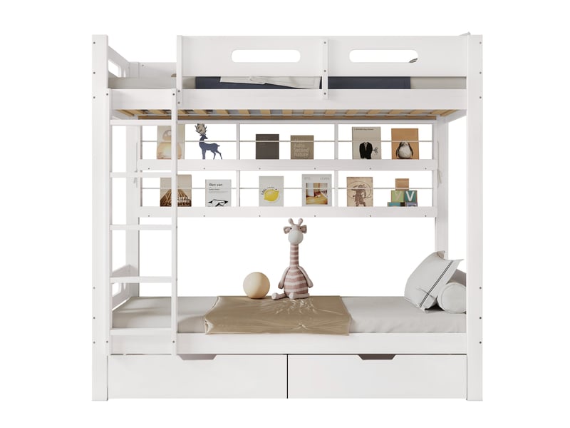 Lit superposé enfant 90x200 cm avec 2 tiroirs à roulettes, barrière de sécurité et étagères ouvertes - bois pin + mdf - blanc - Conforama A