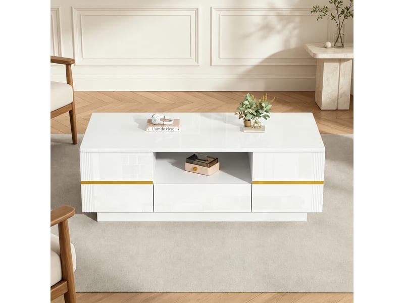  Table basse blanche et dorée avec led, 2 portes et rangement, 100 x 50 x 35,5 cm  - Conforama D