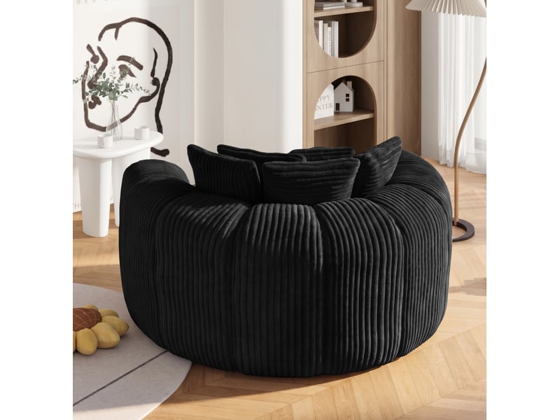  Grand fauteuil circulaire 145x133x59 cm, assise profonde, 5 coussins, revêtement en revêtement en velours côtelé, noir, accoudoirs enveloppants  - Conforama E