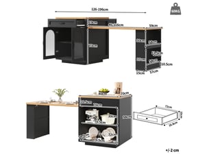 Îlot de cuisine extensible avec led, 2 tiroirs, étagères réglables, portes en verre rainuré et plan de travail mdf