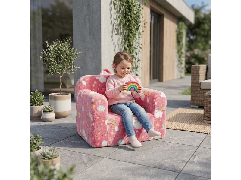  Canapé enfant rose arc-en-ciel, fauteuil mousse avec poignées de transport et poches latérales, léger  - Conforama D