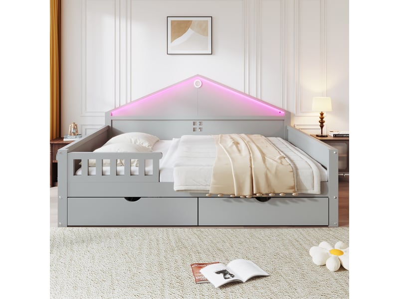 Lit enfant multifonctionnel 140x200 cm - lit 2 places avec rangement, 2 tiroirs, led et sommier à lattes - gris - Conforama D