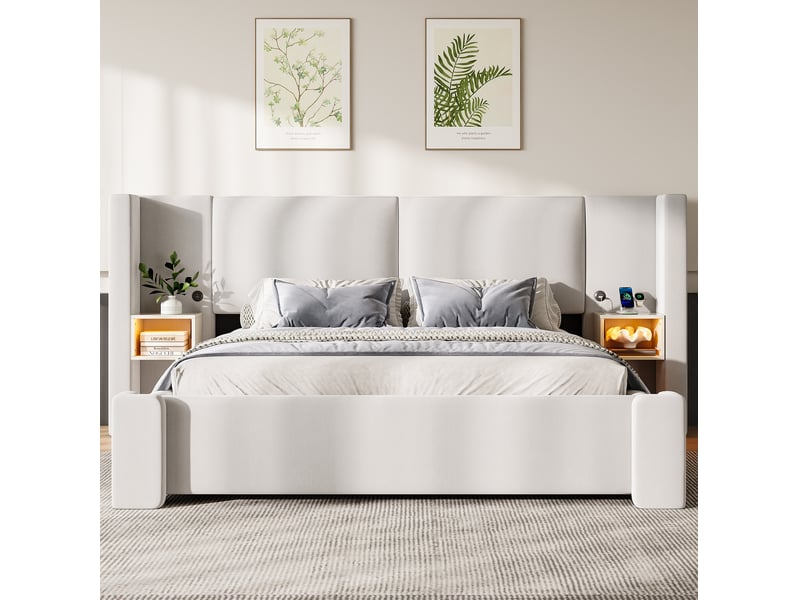  Lit coffre 180 × 200 cm 2 places, rangement hydraulique, éclairage led, tables de chevet et sans matelas, beige  - Conforama C