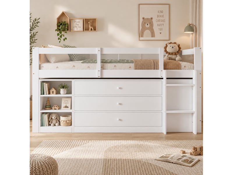  Lit enfant semi-haut 90x200 cm avec rangements et tiroirs, coloris blanc  - Conforama D