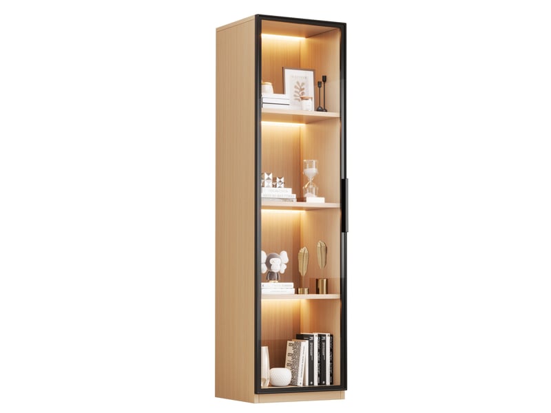  Vitrine haute 40 x 40 x 165 cm – chêne clair – porte en verre trempé, led multicolore, fermeture douce  - Conforama A