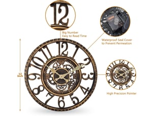 Horloge vintage à engrenages – horloge de table à chiffres arabes – mouvement à quartz silencieux – horloge créative – horloge à quartz – 12 pouces