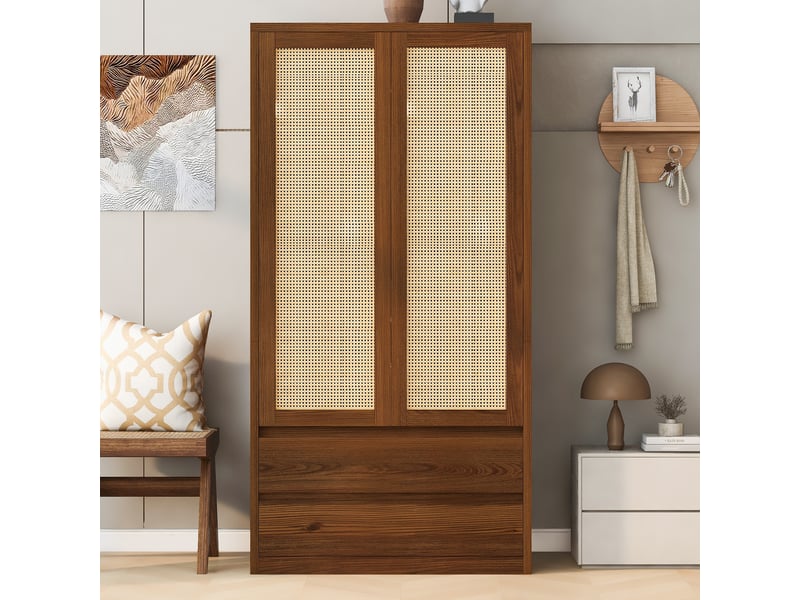  Armoire penderie de chambre 90x50x170 cm - 2 portes - 2 tiroirs - effet rotin - bois et bois reconstitué - bois naturel  - Conforama D