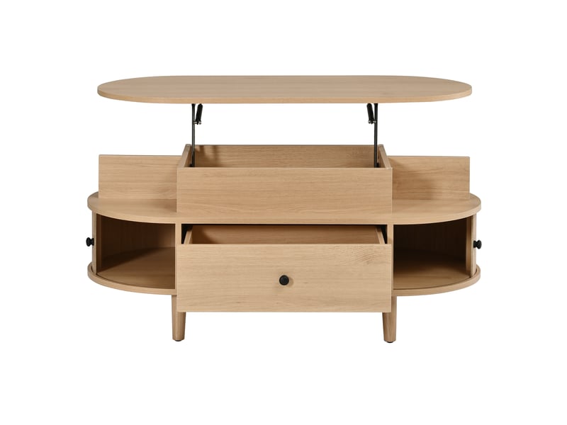  Table basse plateau relevable ovale salon 105 x 50 cm, mdf naturel, coffre et tiroir  - Conforama A