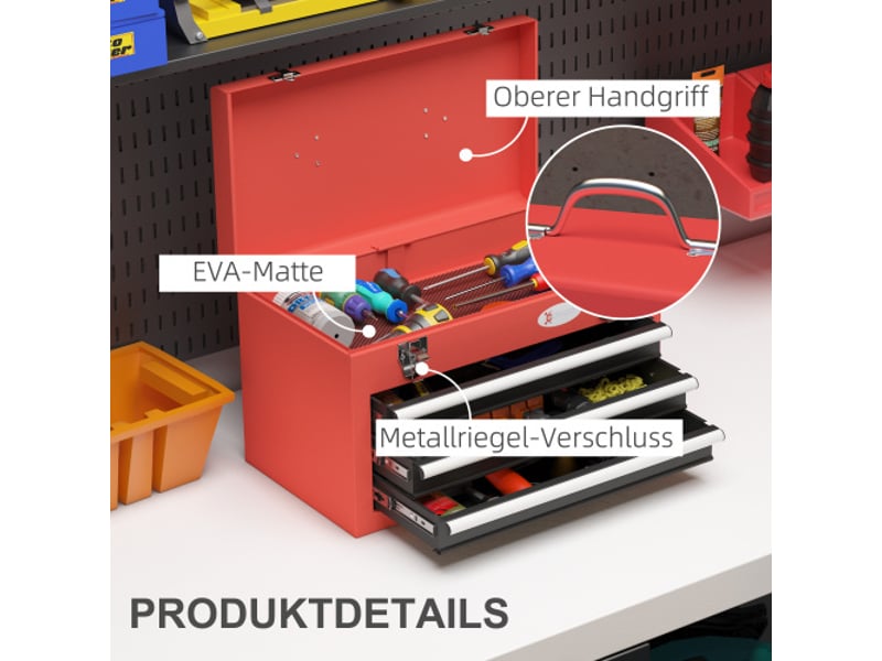  Coffre à outils en acier rouge avec 3 tiroirs, compartiment supérieur, 2 serrures, poignée, boîte de rangement 45x24x27 cm pour atelier  - Conforama E