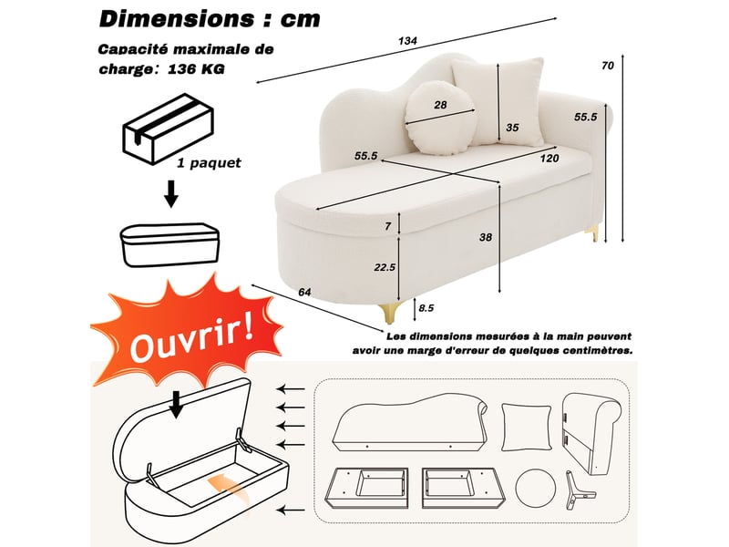  Méridienne fixe avec rangement 134x64x70 cm tissu effet peau lainée beige clair  - Conforama C