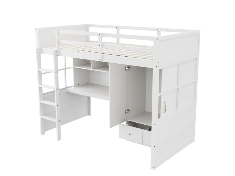  Lit mezzanine enfant 90x200 cm – blanc – bureau, armoire et tiroirs intégrés, avec sommier, sans matelas  - Conforama D