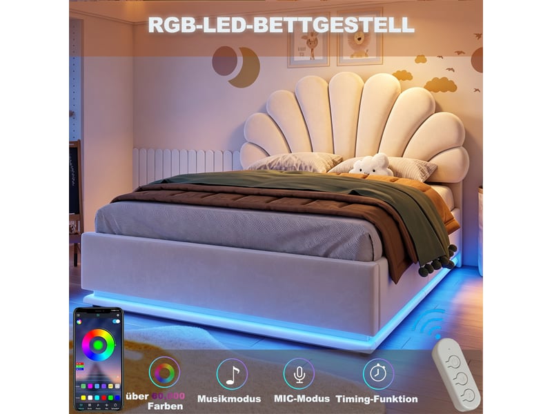  Lit coffre 140x200 cm - lit double rembourré avec rangement hydraulique, tête de lit fleur, led, cadre en métal, velours beige  - Conforama E