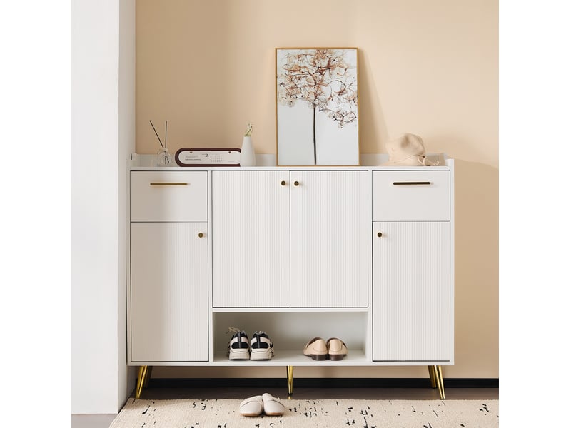  Meuble à chaussures avec 2 tiroirs, 4 portes et niche ouverte, pieds hauts, pour entrée, blanc, 130 × 37 × 100 cm  - Conforama C