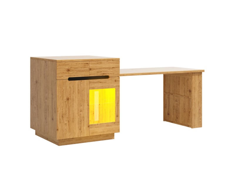 Îlot de cuisine multifonction avec table extensible led, effet chêne, rangement, tiroirs et porte vitrée, pour cuisine et salle à manger - Conforama D