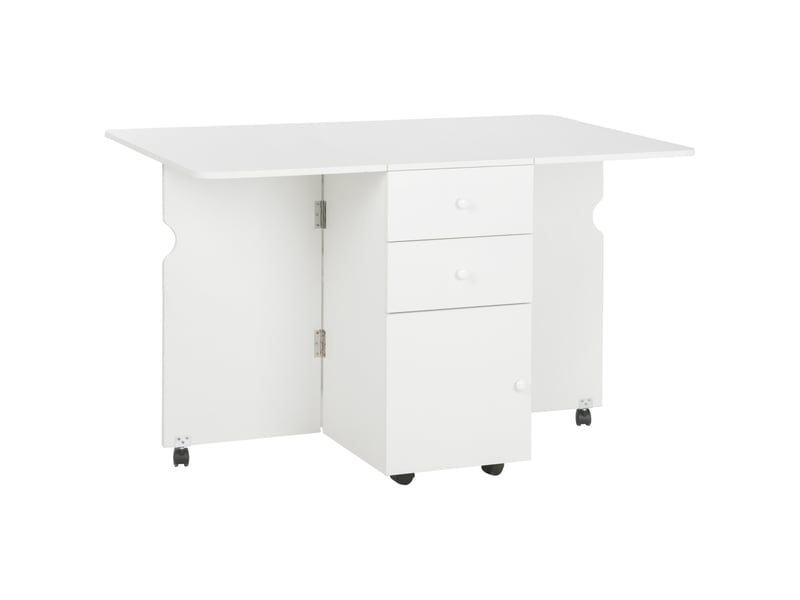  Table salle à manger pliante, rallonges rabattables, roulettes, 2 tiroirs, cuisine moderne, 120x80x75 cm, blanche.  - Conforama A