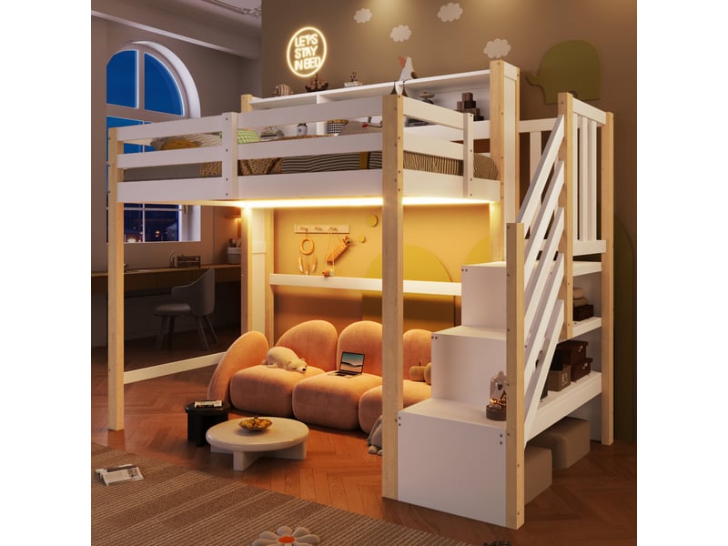  Lit superposé 90x200 cm, lit enfant, rangement, échelle sécurisée, led, bois de pin blanc et naturel  - Conforama A