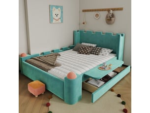 Lit double enfant capitonné, tablette latérale rabattable, tiroir de rangement, motif château, coussins moelleux anti-choc, velours français, bleu canard, 140 x 200 cm
