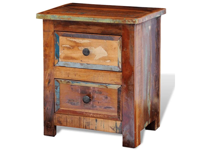 Table de chevet - cabinet de chevet - table de nuit avec 2 tiroirs bois massif recyclé  - Conforama A