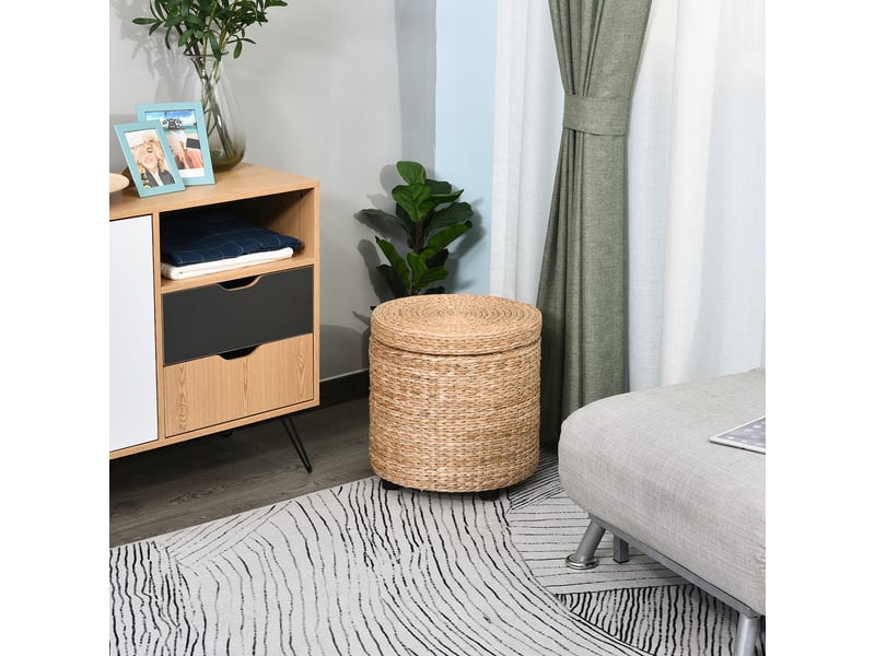  Tabouret avec espace de rangement repose-pieds avec boîte de rangement, couvercle amovible, paille rotin, kaki, ø43x43cm 837-072 - Conforama C