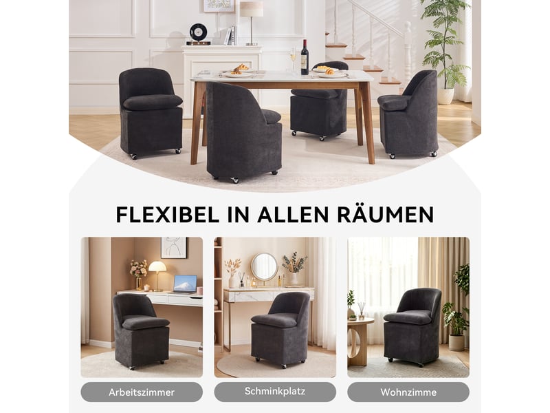  Chaise de salle à manger lot de 2 pivotante à roulettes  - housse amovible, chenille gris, 53 × 53,5 × 78,5 cm  - Conforama E