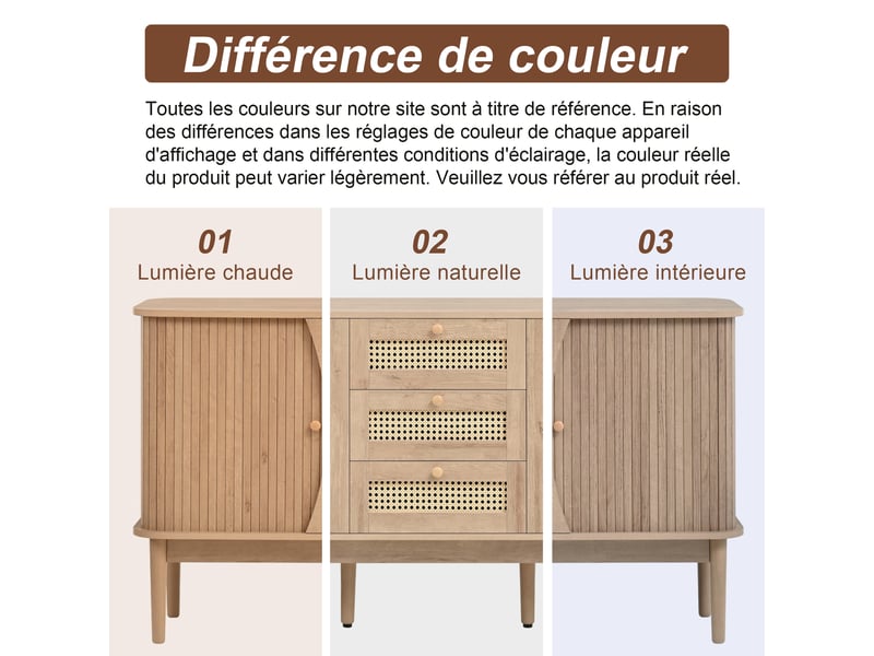  Buffet bas 141x40x77 cm effet bois avec 3 tiroirs à façade en rotin, portes coulissantes, étagères réglables et plateau arrondi  - Conforama E