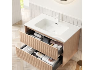 Meuble sous vasque mural 2 tiroirs avec lavabo en céramique blanche, finition noyer naturel pour salle de bain, 81 cm