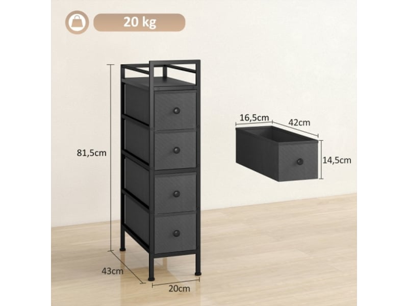  Commode noire 4 tiroirs en tissu avec cadre acier 20x43x81,5 cm, meuble de rangement pratique  - Conforama C