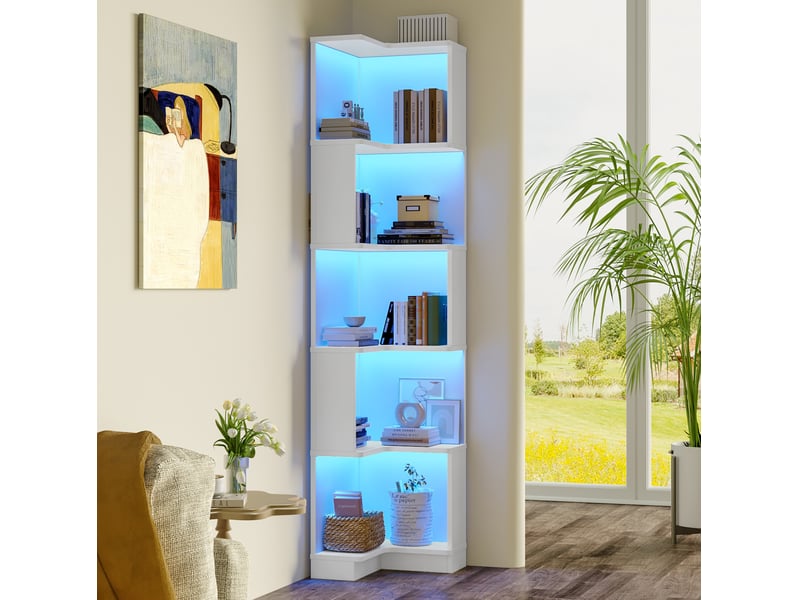  Bibliothèque d'angle 63,5x45x175 cm avec 5 niveaux, led, meuble de bureau et de salon, rangement intégré, mdf, blanc  - Conforama B
