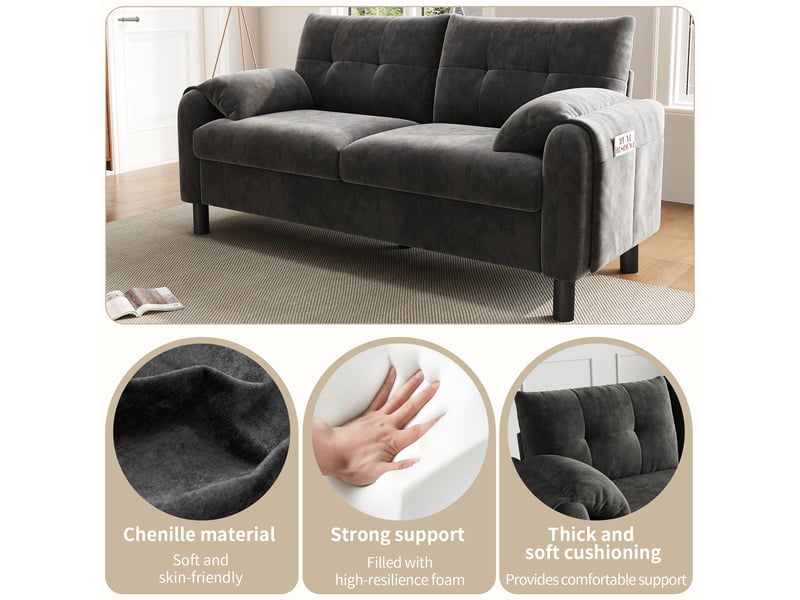 Canapé 2 places, canapé de salon, en tissu chenille, gris, coussins épais, style scandinave, pour salon, appartement, chambre - Conforama W