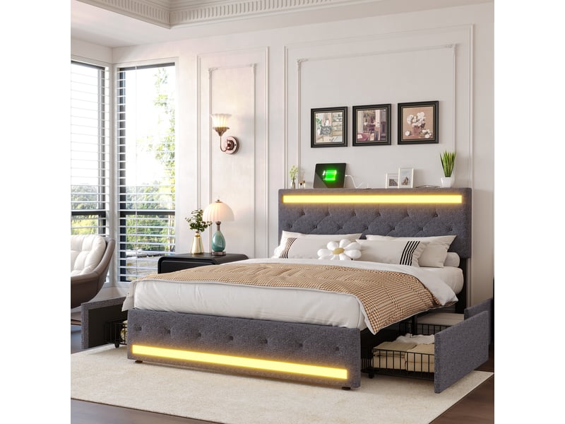 Lit double 140x200 avec led et tiroir, lit capitonnée avec 4 tiroirs cadre de lit avec rangement et tête de lit rembourrée lit 2 personnes avec usb pour adultes et adolescents tissu en lin, sans matelas - Conforama B