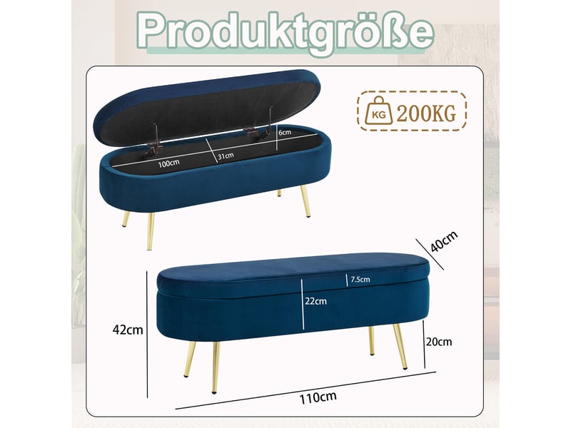  Banc coffre de rangement 20 l velours bleu foncé 110 x 40 x 42 cm W3358P451518 - Conforama C