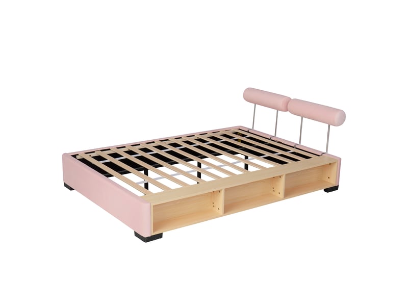  Lit enfant capitonné rose 140x200 cm, étagère led, rangement ouvert et têtes réglables  - Conforama A