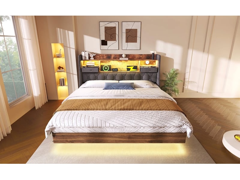 Lit double 180x200 flottant avec led et station de charge, rangement tête de lit, lin gris - Conforama B