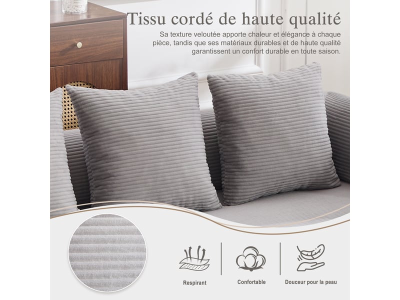  Canapé modulable 4 places en velours côtelé gris clair 200 x 190 x 67 cm avec pouf, poches latérales et coussins 200x190x67cm - Conforama W