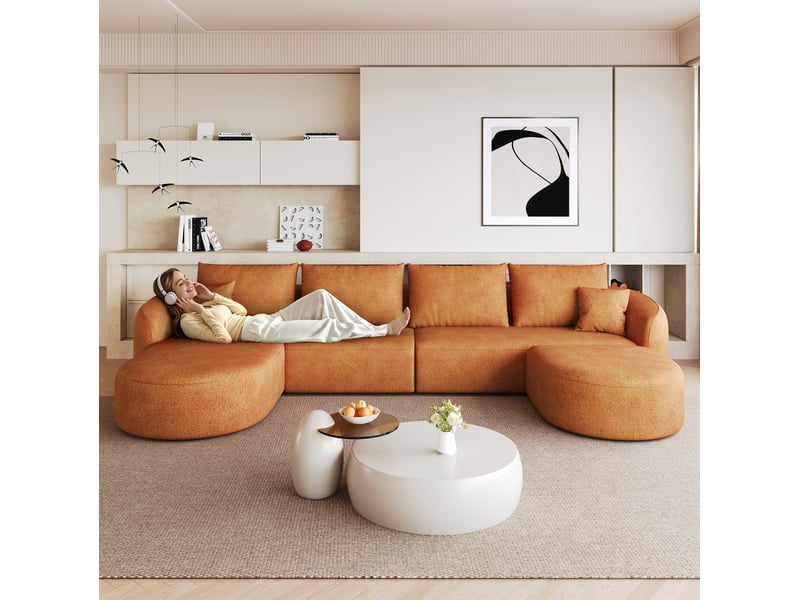 Canapé panoramique tcqpz en u modulable 5 places 336 x 168 x 85 cm sans montage tissu chenille orange - Conforama D