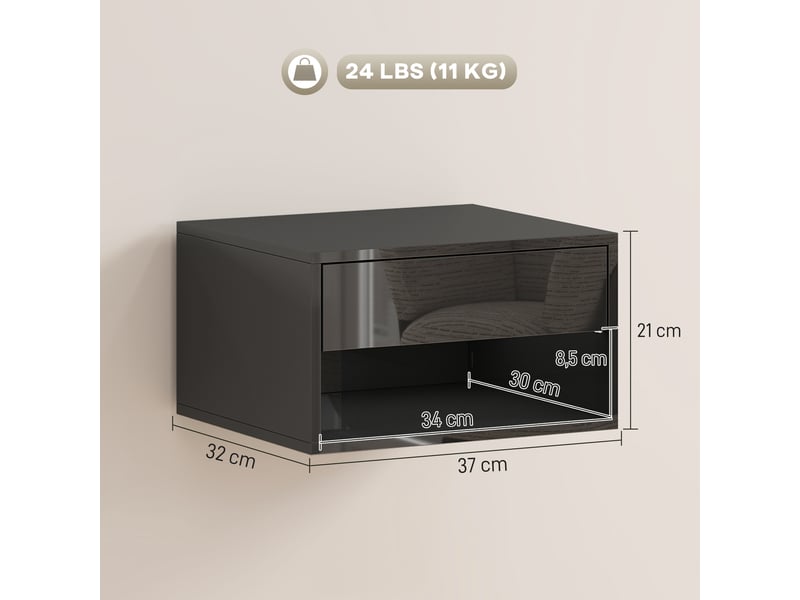  Lot de 2 tables de chevet murales, tables de nuit, tiroir, compartiment ouvert, plateau, 37 x 32 x 21 cm, noir  - Conforama E