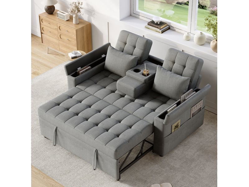 Canapé droit convertible 2 places gris en tissu, rangement aux accoudoirs, dossier réglable et 2 coussins - Conforama E