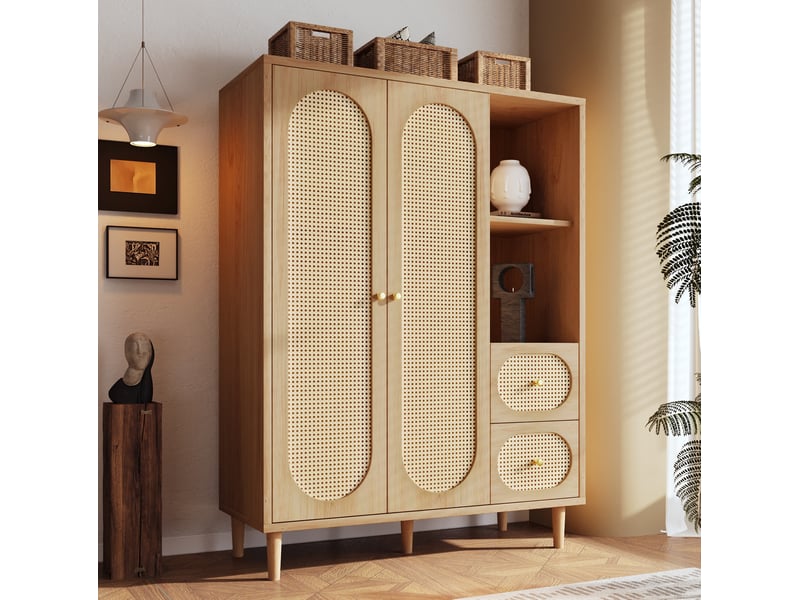  Armoire penderie 120x48x161 cm – chêne – 2 portes, 2 tiroirs, étagères ouvertes avec tringle en bois  - Conforama B