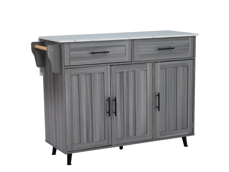  129 x 46 (71) x 91,5 cm. Buffettable de salle à manger avec plateau rabattable, étagères intégrées aux portes, îlot de cuisine sur 5 roulettes avec placards et 2 tiroirs, blanc et gris kaki.  - Conforama A