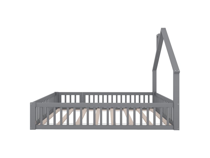  Lit cabane 140x190 cm avec sommier à lattes, garde-corps, forme de maison, en bois, sans matelas, gris  - Conforama E