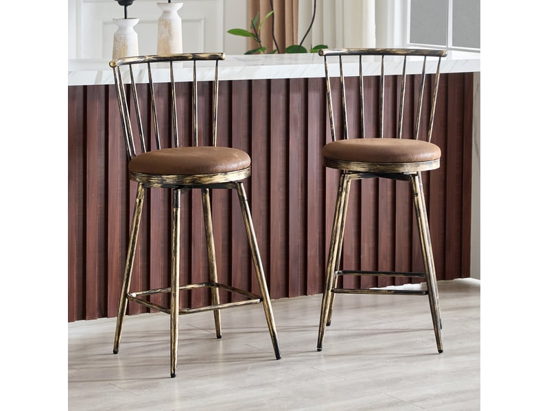 Tabouret de bar en tissu rembourré avec dossier spindel et repose-pieds, style industriel marron - Conforama B