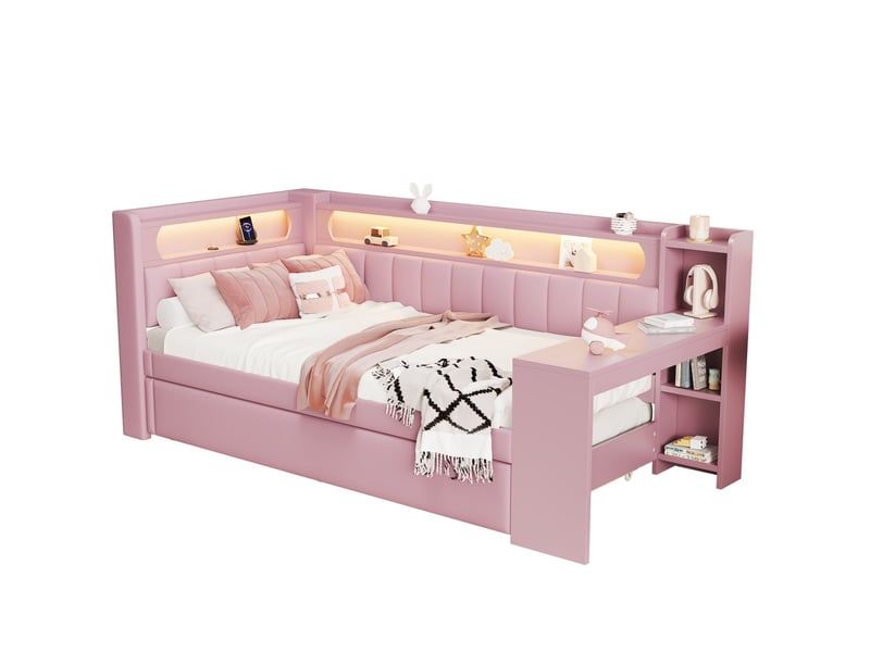 Lit de jour 90x200 cm rose avec lit gigogne, bureau, usb et éclairage led 7 couleurs - Conforama A