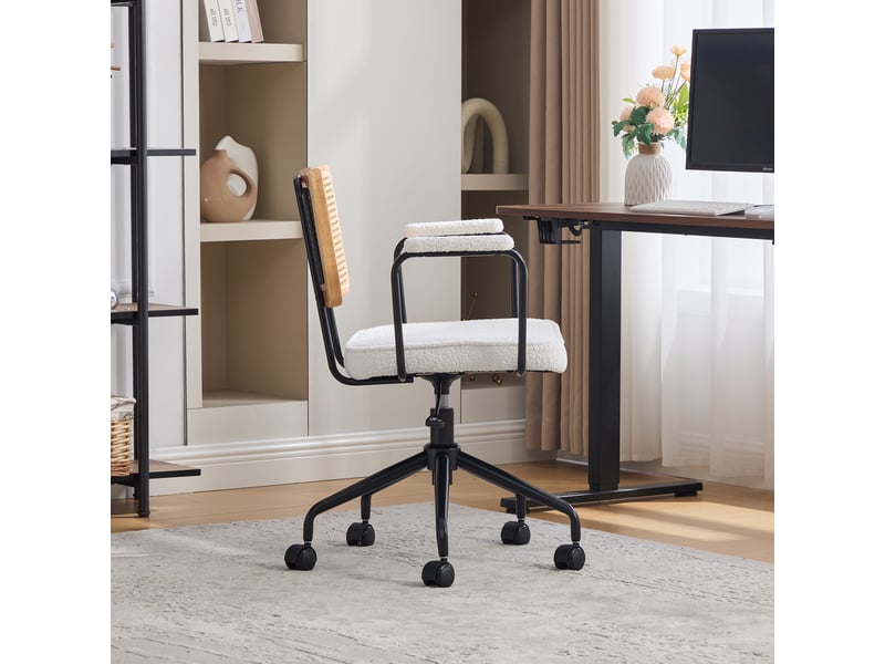  Chaise de bureau rotin vintage ivoire, chaise pivotante réglable avec accoudoirs bois et roulettes  - Conforama B