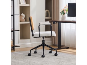 Chaise de bureau rotin vintage ivoire, chaise pivotante réglable avec accoudoirs bois et roulettes