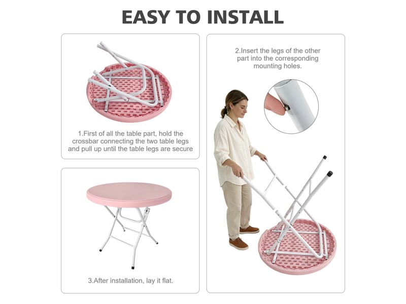  Table pliante ronde en hdpe avec piètement métallique repliable, montage sans outil, 80 cm, capacité 136 kg  - Conforama D